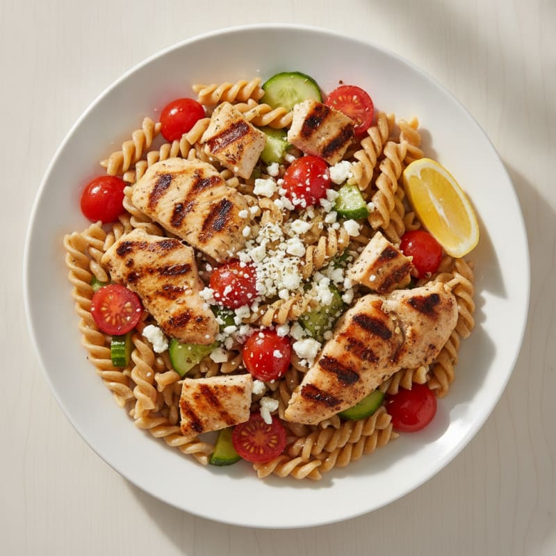 Grilled Chicken Pasta Salad with Cherry Tomatoes and Feta