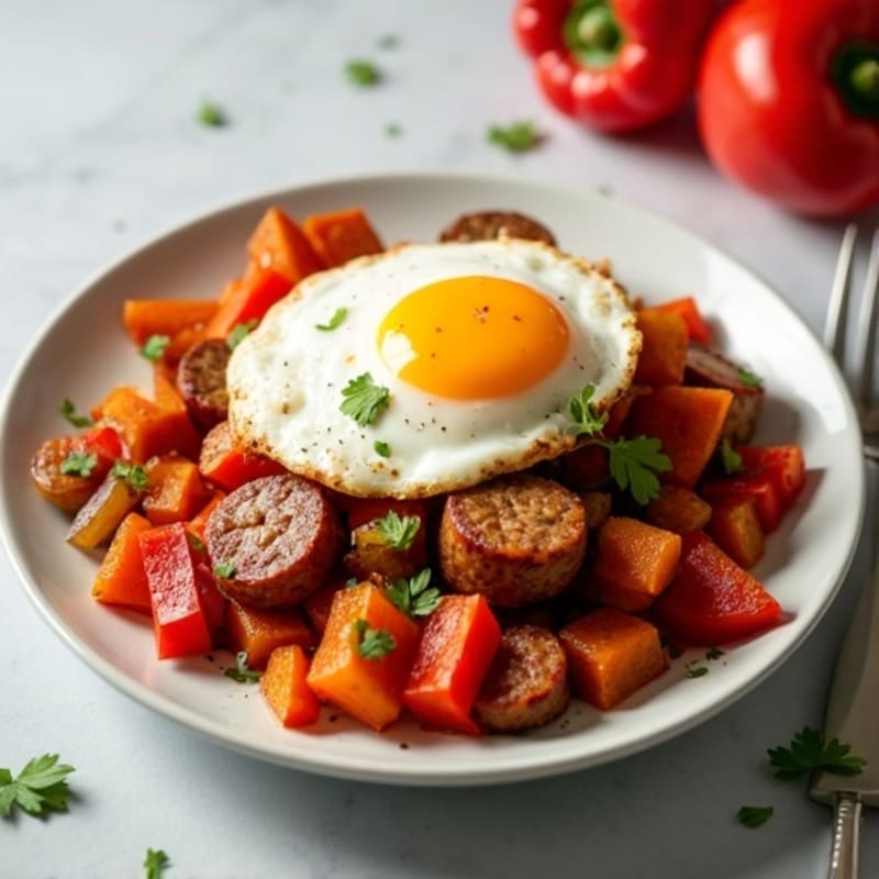 Crispy Sweet Potato Hash with Lean Chicken Sausage and Eggs