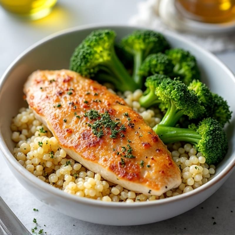 Seared Turkey Breast with Roasted Broccoli and Garlic Quinoa