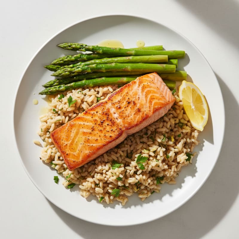 Seared Salmon with Steamed Asparagus and Lemon Herb Brown Rice