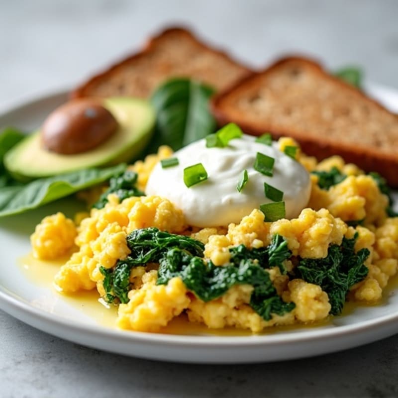 Egg White and Spinach Scramble with Cottage Cheese and Sliced Turkey