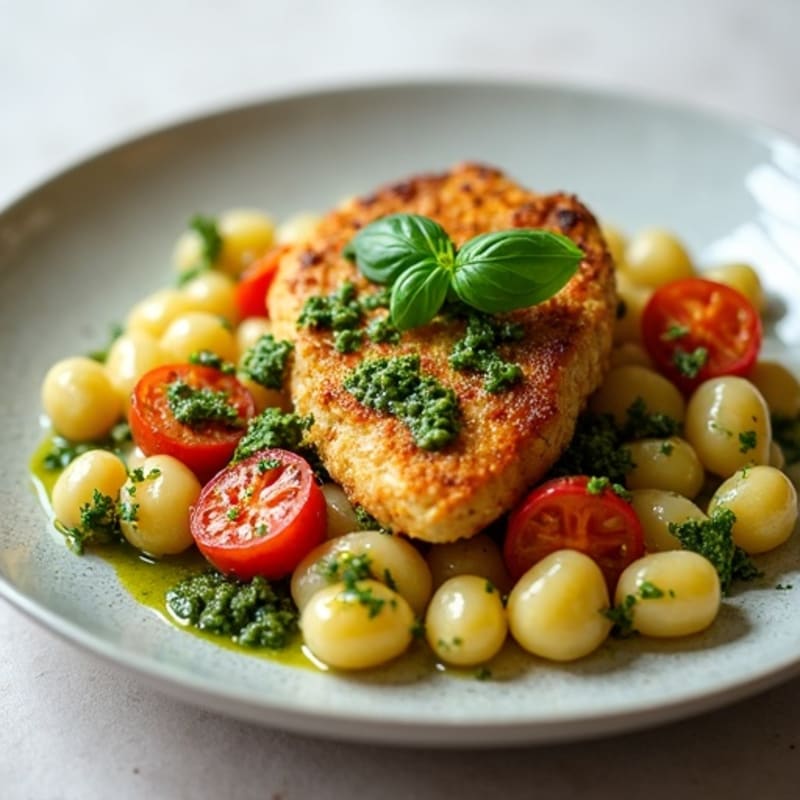 Tender Gnocchi with Crispy Chicken, Roasted Vegetables, and Fresh Basil Pesto