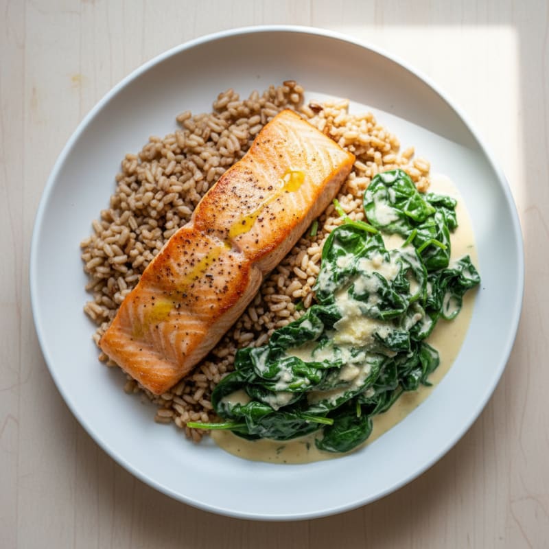 Seared Salmon with Creamy Garlic Spinach and Brown Rice