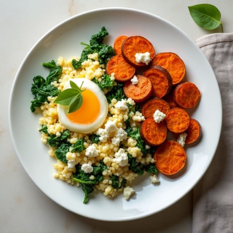 Egg White Spinach Scramble with Roasted Sweet Potatoes