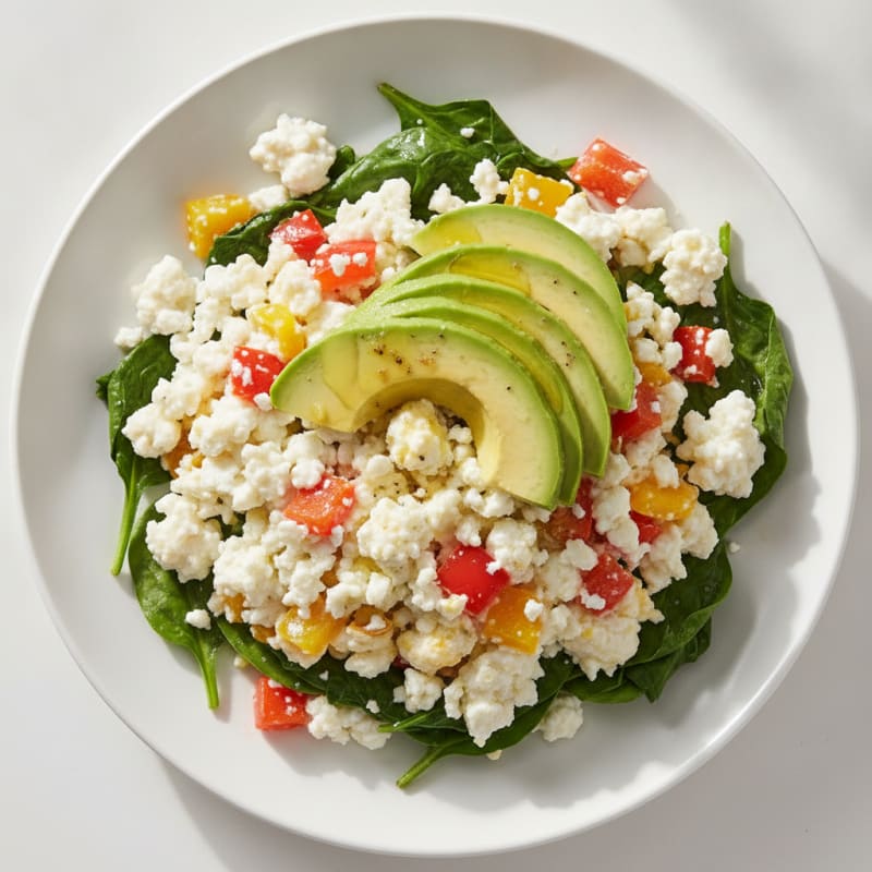 Egg White Veggie Scramble with Cottage Cheese and Sautéed Spinach