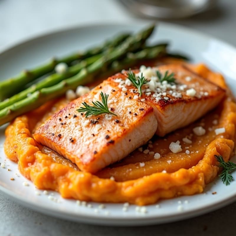 Seared Salmon Fillet with Roasted Asparagus and Sweet Potato Mash