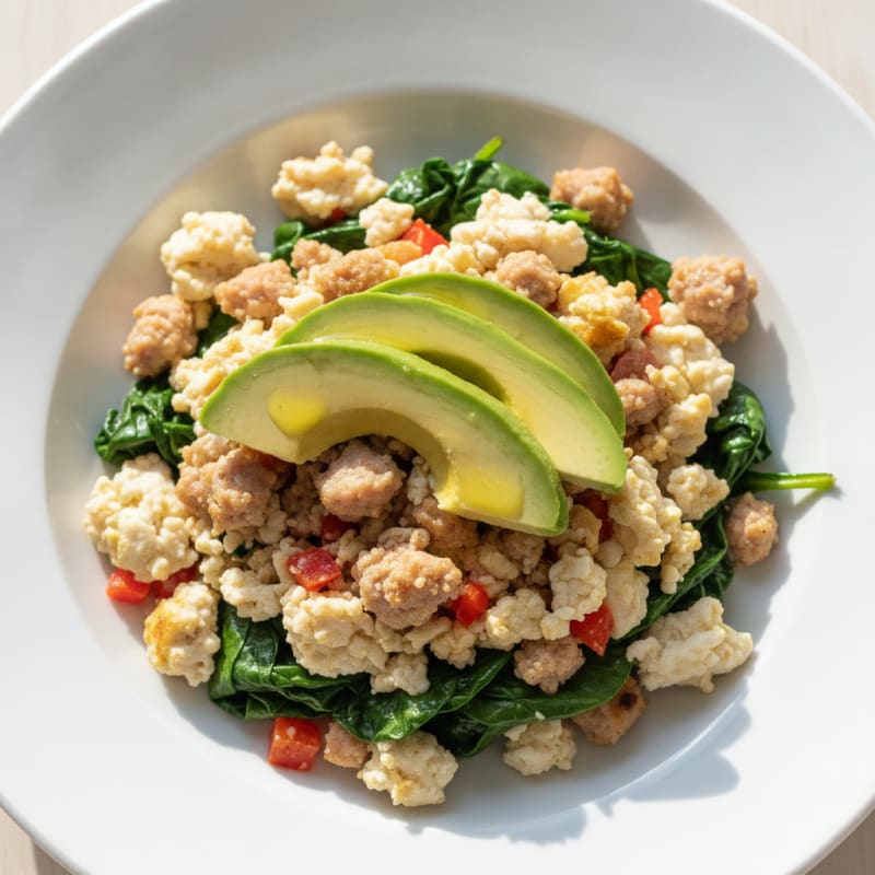 Egg White and Turkey Sausage Scramble with Sautéed Spinach