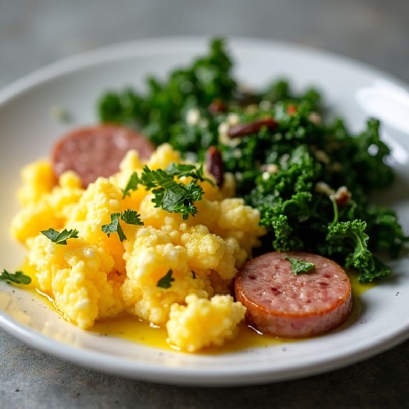 Fluffy Scrambled Eggs with Lean Turkey Sausage and Sautéed Greens