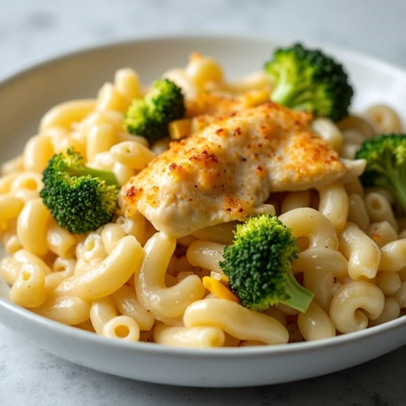 High-Protein Creamy Baked Mac and Cheese with Chicken and Broccoli
