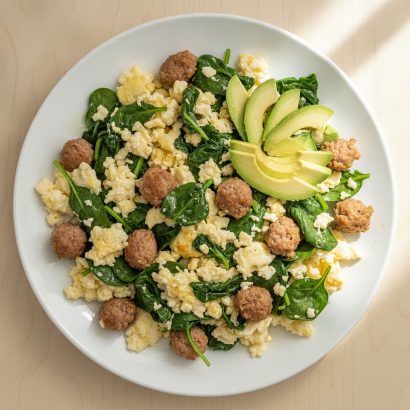 Egg White Scramble with Turkey Sausage and Sautéed Spinach