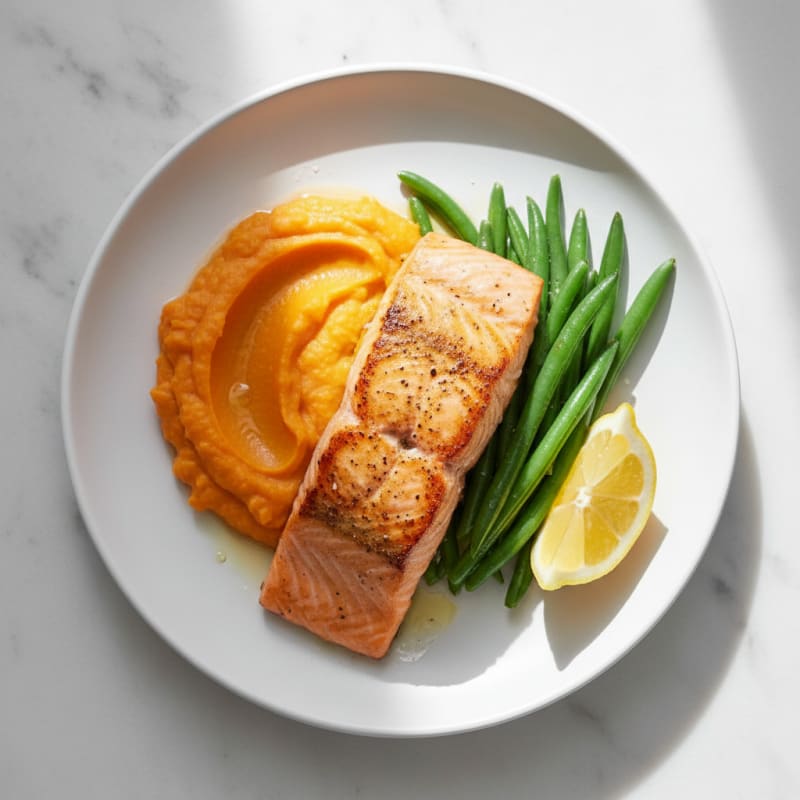 Seared Salmon with Steamed Green Beans and Sweet Potato Mash
