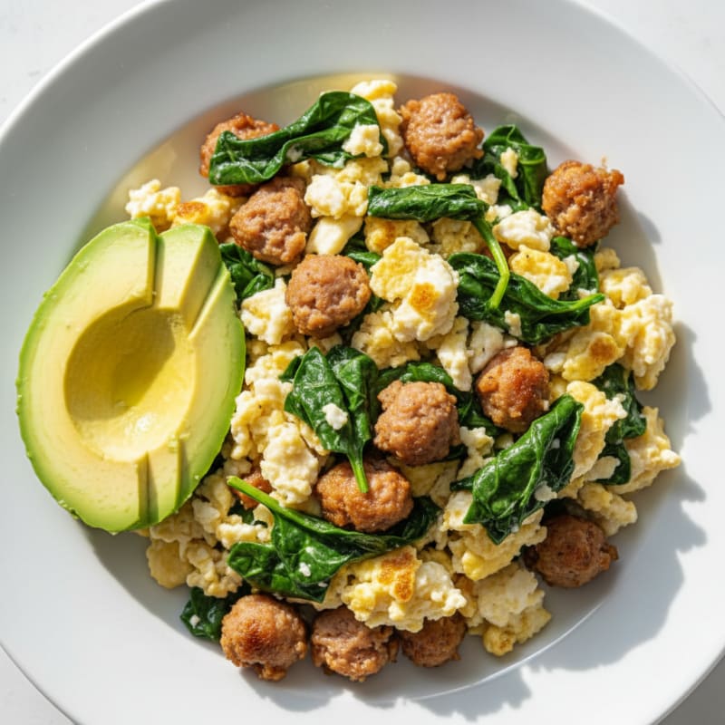 Egg White Scramble with Turkey Sausage and Spinach