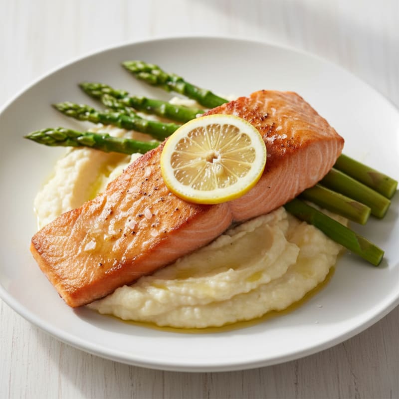 Seared Salmon Fillet with Steamed Asparagus and Cauliflower Mash