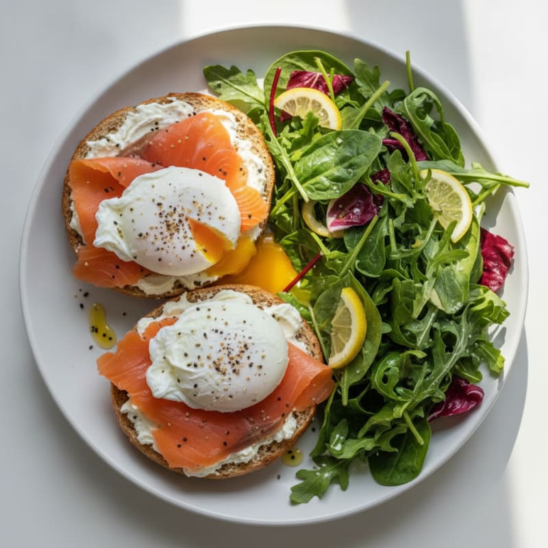 Poached Eggs with Bagel and Greens