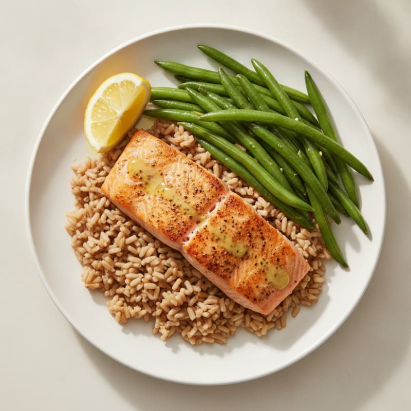 Seared Salmon with Steamed Green Beans and Brown Rice