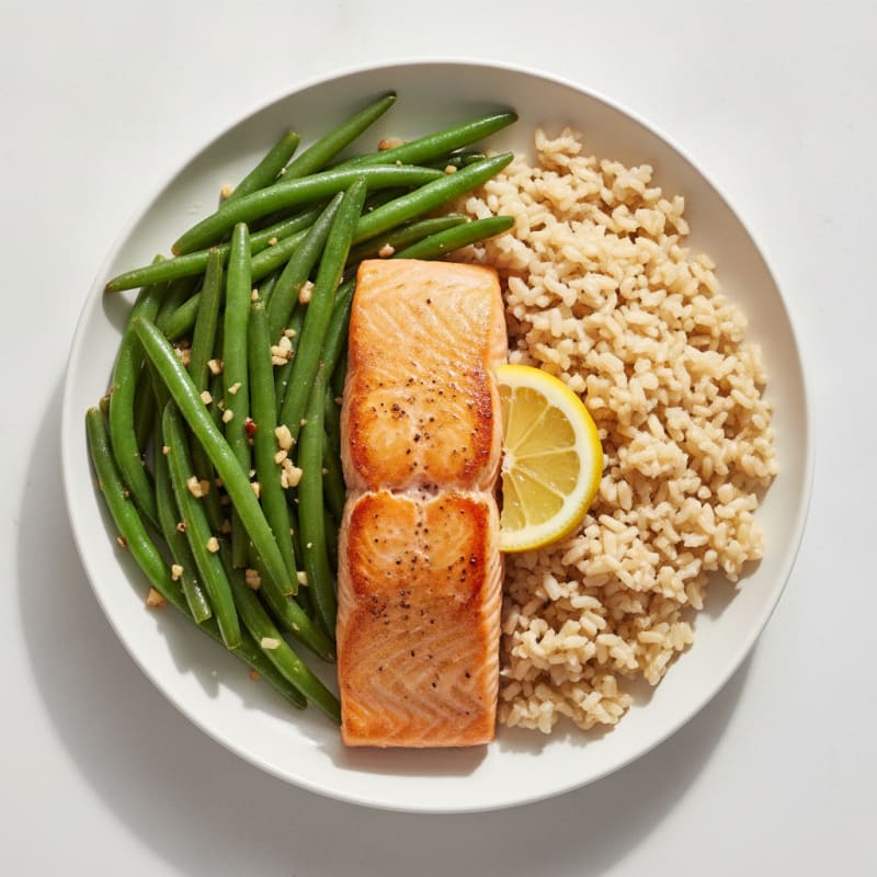 Seared Salmon with Garlic Green Beans and Brown Rice