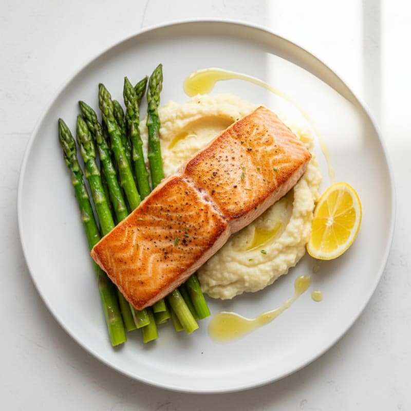 Seared Salmon Fillet with Steamed Asparagus and Garlic Cauliflower Mash