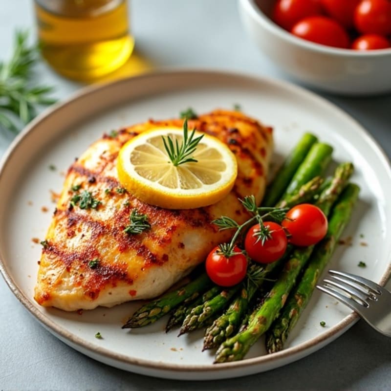 Crispy Lemon-Herb Roasted Chicken with Roasted Asparagus and Cherry Tomatoes
