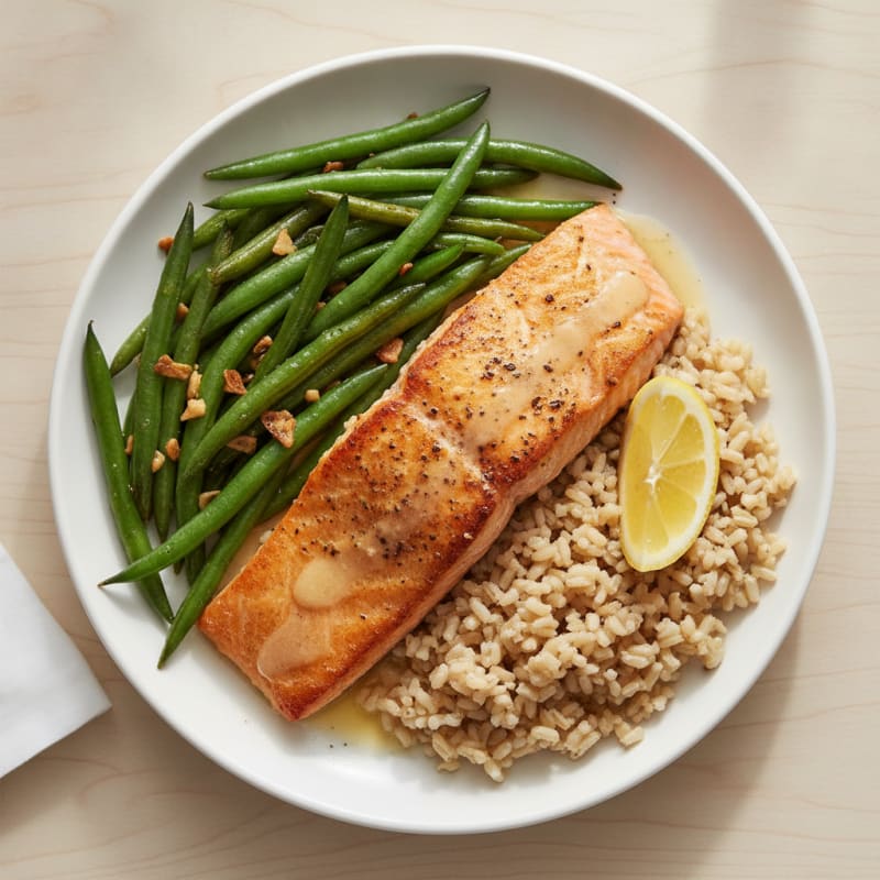 Baked Salmon Fillet with Garlic Green Beans and Brown Rice