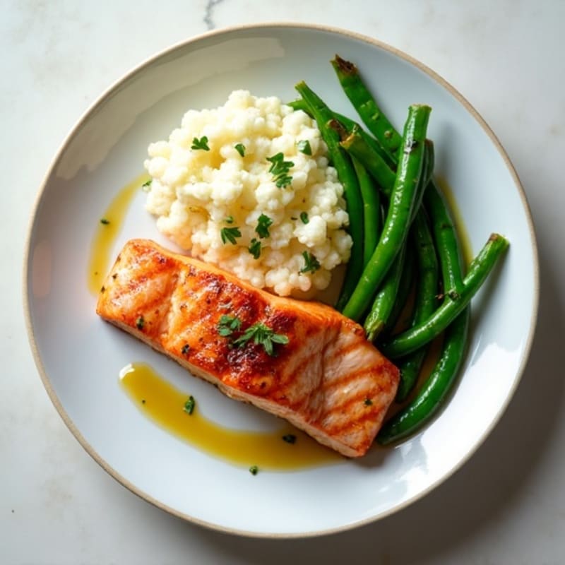 Seared Salmon with Garlic Green Beans and Cauliflower Mash