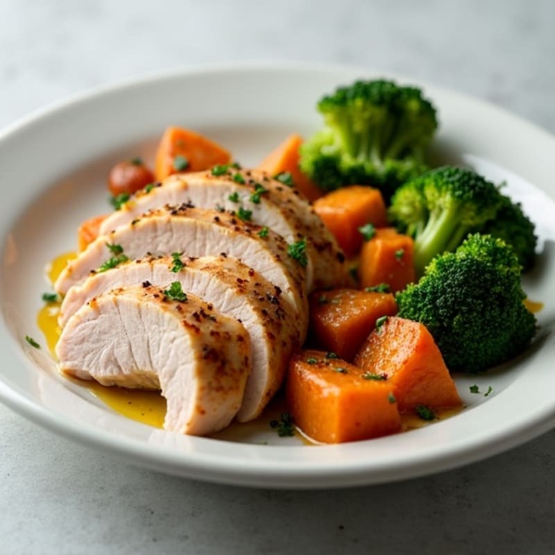 Seared Turkey Breast with Roasted Sweet Potatoes and Steamed Broccoli