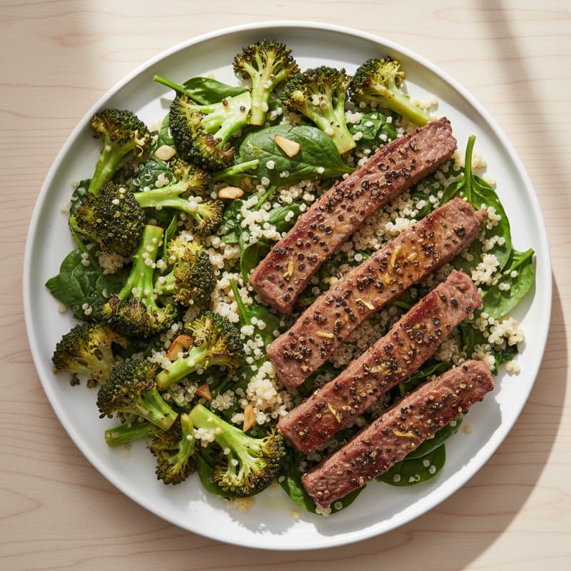 Pepper-Crusted Beef Strips with Roasted Garlic Broccoli and Quinoa