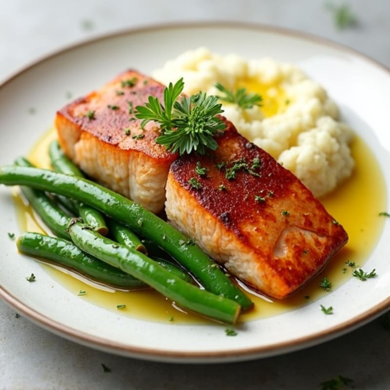 Seared Salmon with Steamed Green Beans and Garlic Cauliflower Mash