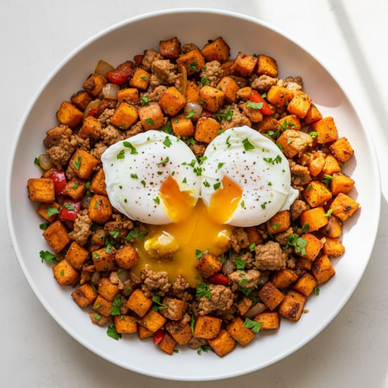 Crispy Sweet Potato Hash with Poached Eggs