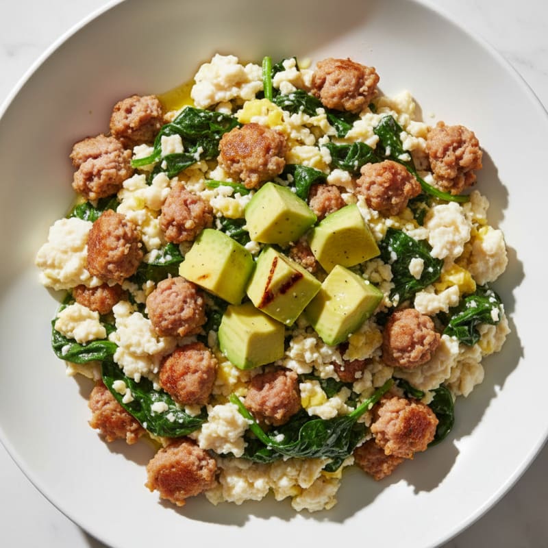 Egg White and Turkey Sausage Scramble with Sautéed Spinach