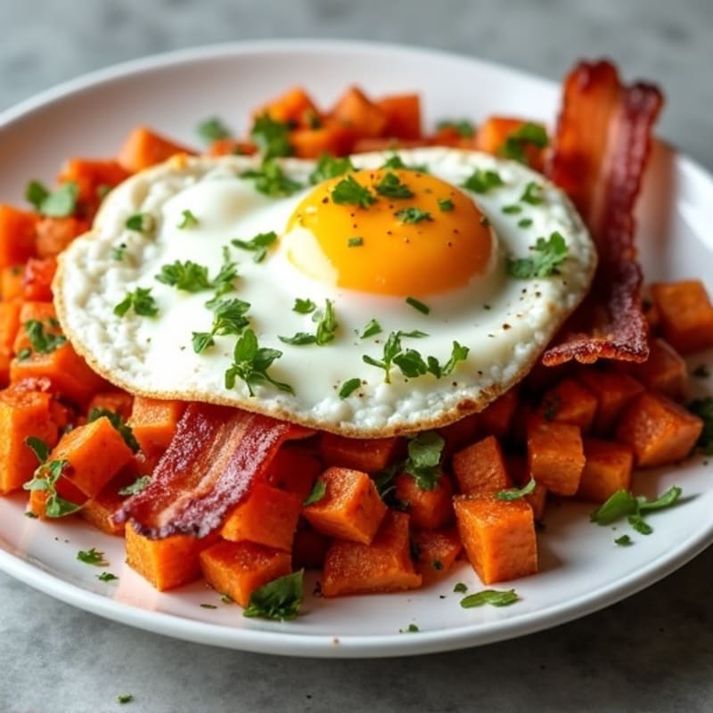 Sweet Potato Hash with Crispy Turkey Bacon and Fried Eggs