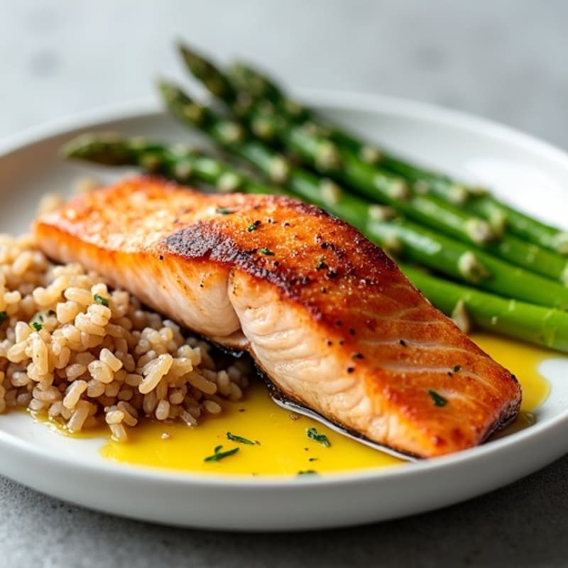 Pan Seared Salmon with Steamed Asparagus and Brown Rice