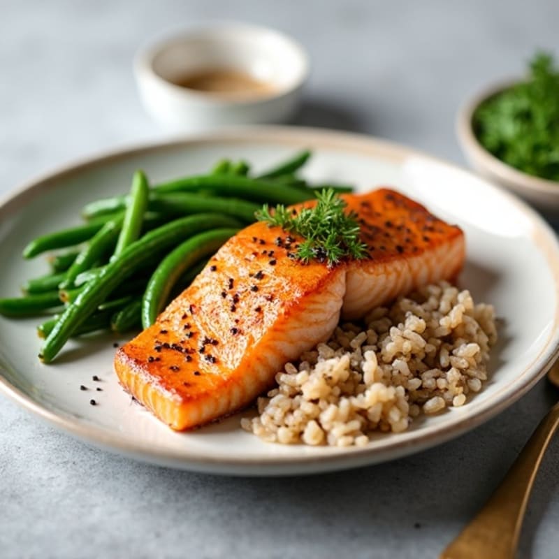 Seared Salmon with Steamed Green Beans and Brown Rice