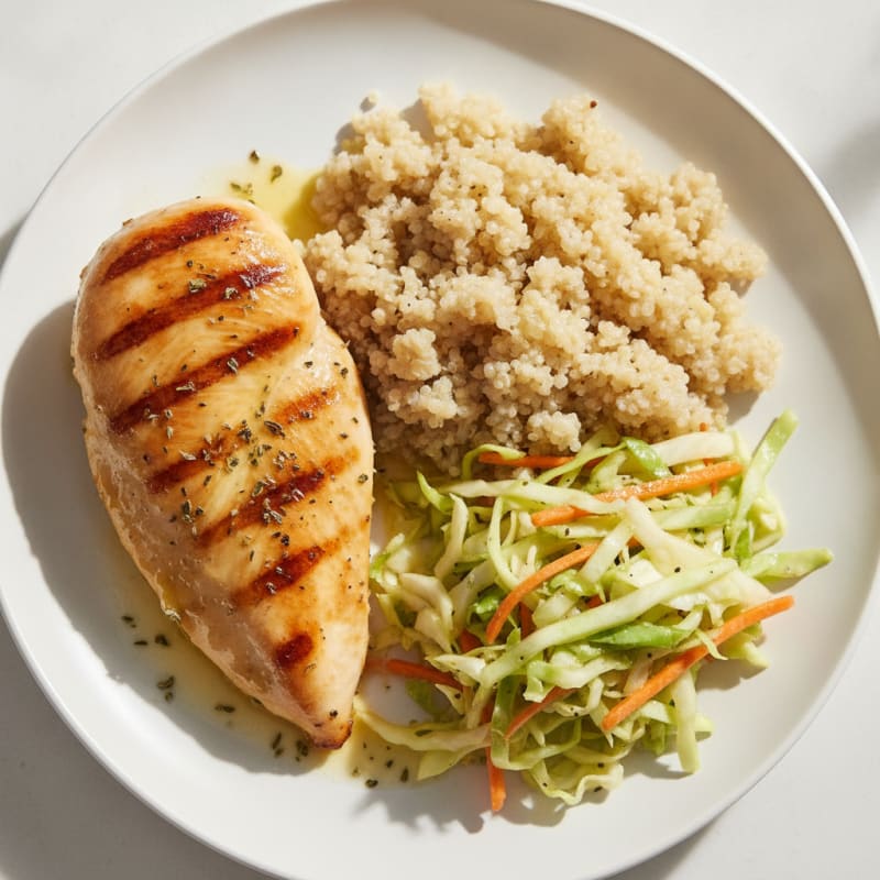 Grilled Chicken Breast with Crunchy Cabbage Slaw and Quinoa