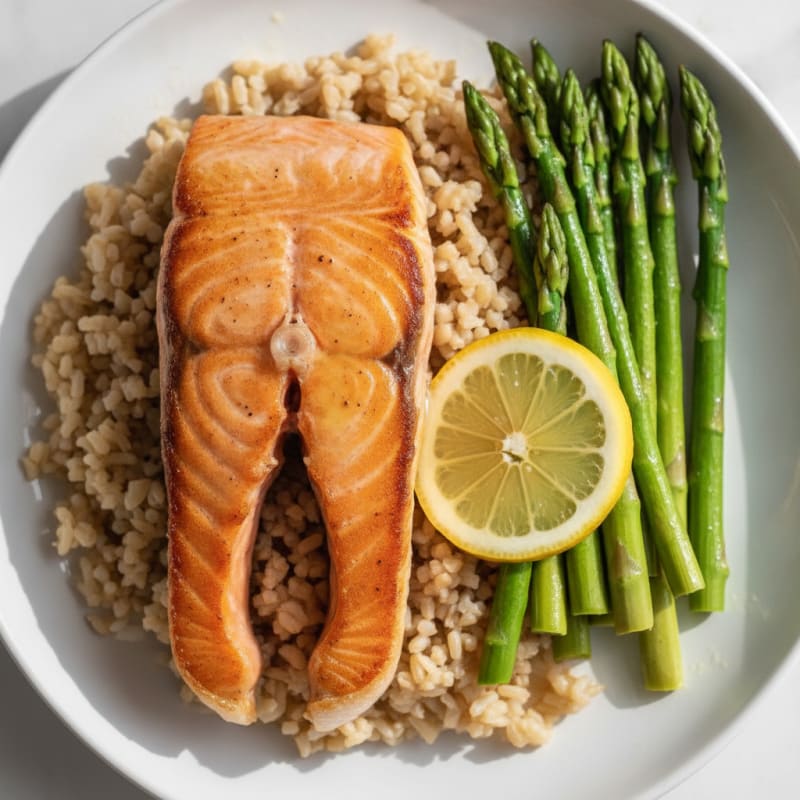 Seared Salmon with Steamed Asparagus and Brown Rice