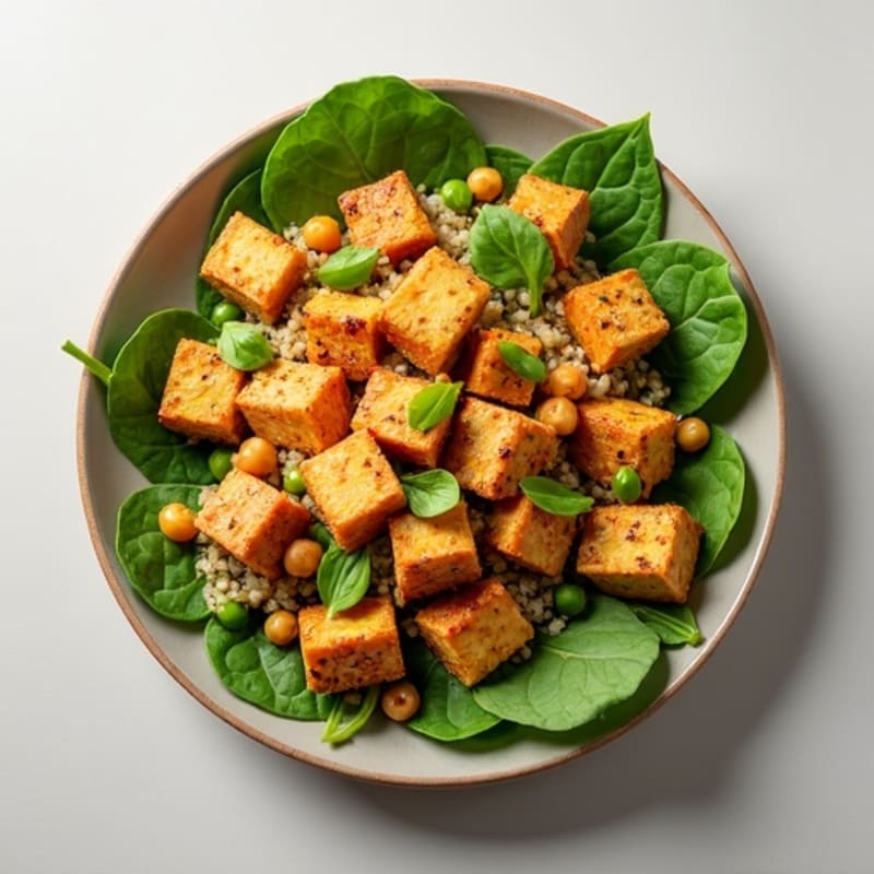 Crispy Tofu and Quinoa Salad with Roasted Chickpeas
