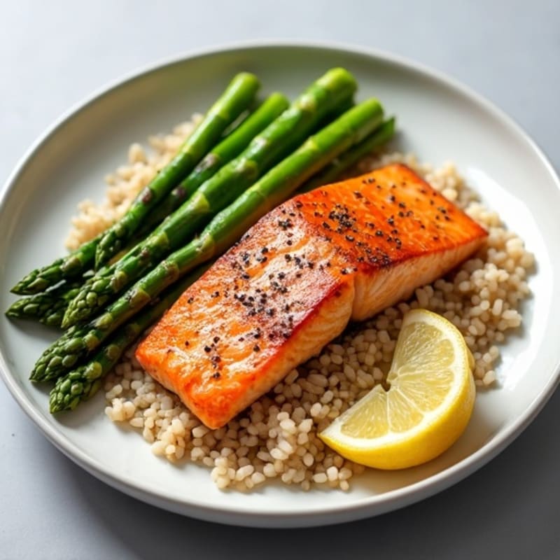 Seared Salmon Fillet with Steamed Asparagus and Brown Rice