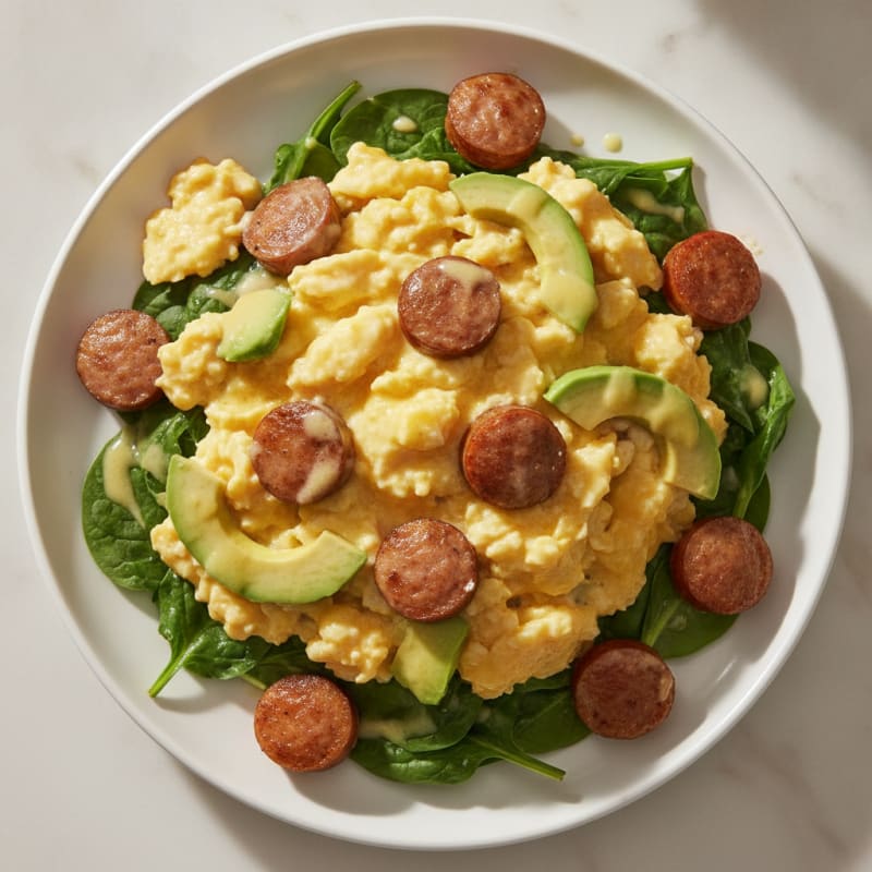 Creamy Scrambled Eggs with Turkey Sausage and Sautéed Spinach