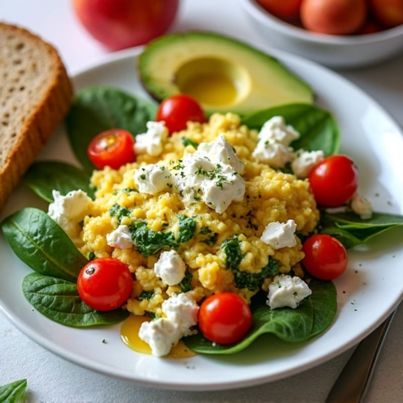 Egg White Spinach Scramble with Cottage Cheese, Cherry Tomatoes, and Apple