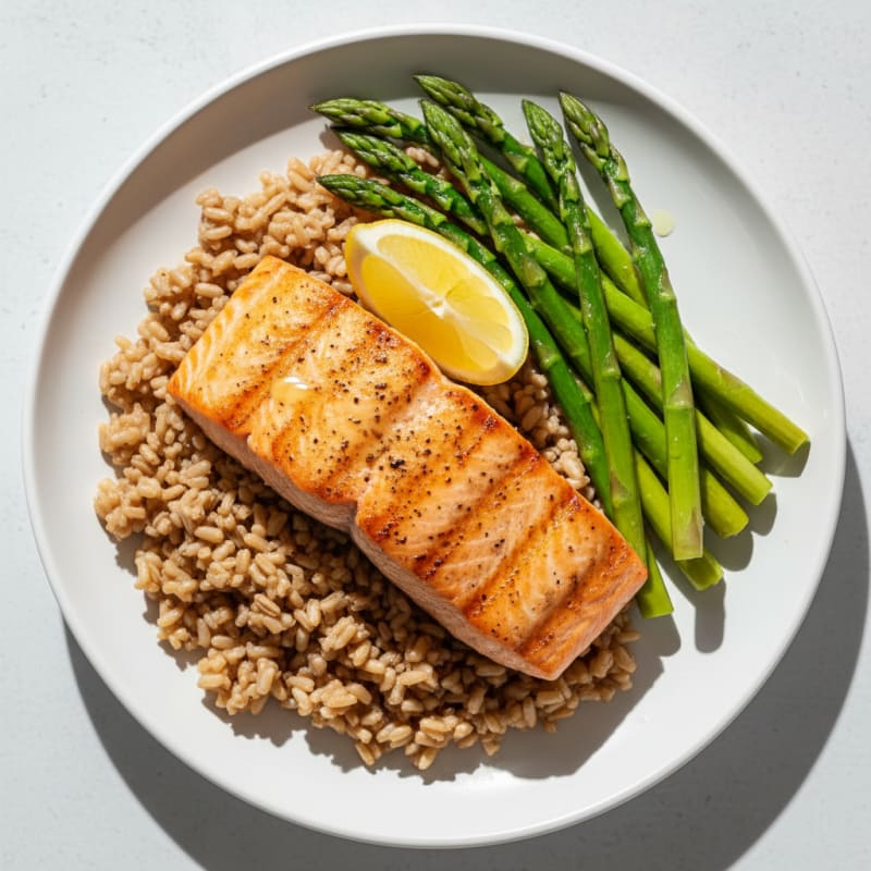 Seared Salmon with Steamed Asparagus and Brown Rice