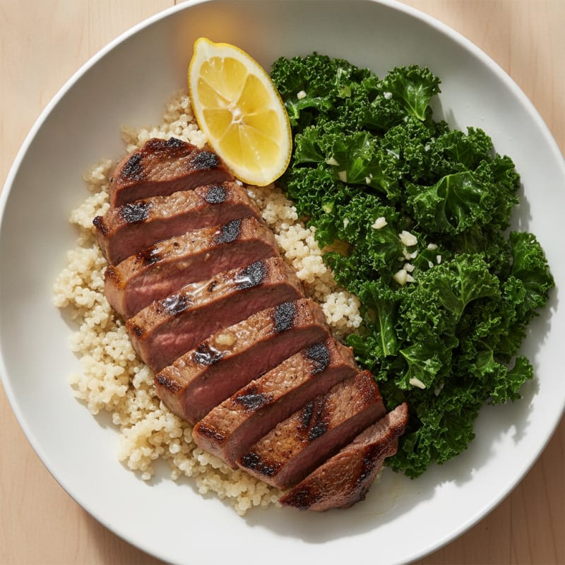 Grilled Steak and Quinoa Bowl with Sautéed Kale