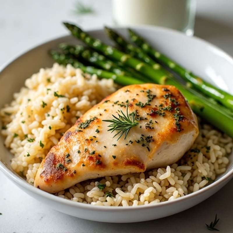 Herb-Roasted Chicken with Fluffy Brown Rice and Roasted Asparagus