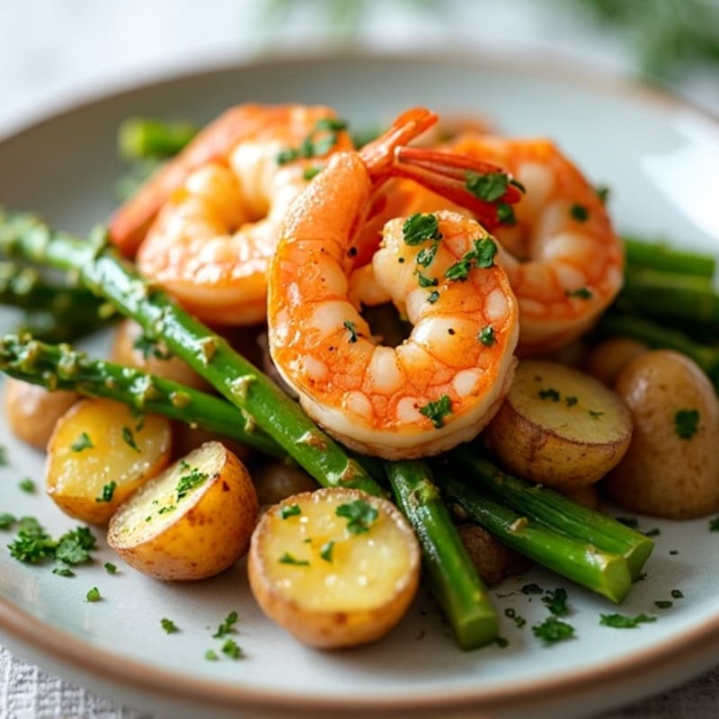 Seared Shrimp with Garlic Herb Potatoes and Asparagus