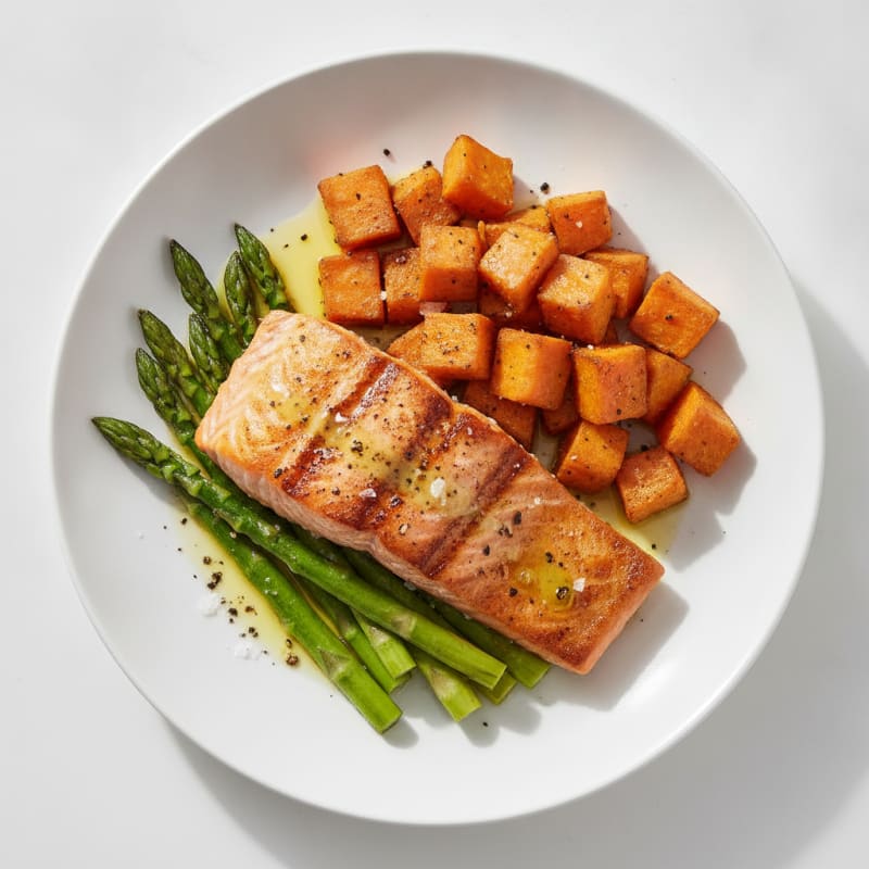 Seared Salmon Filet with Roasted Sweet Potato and Asparagus