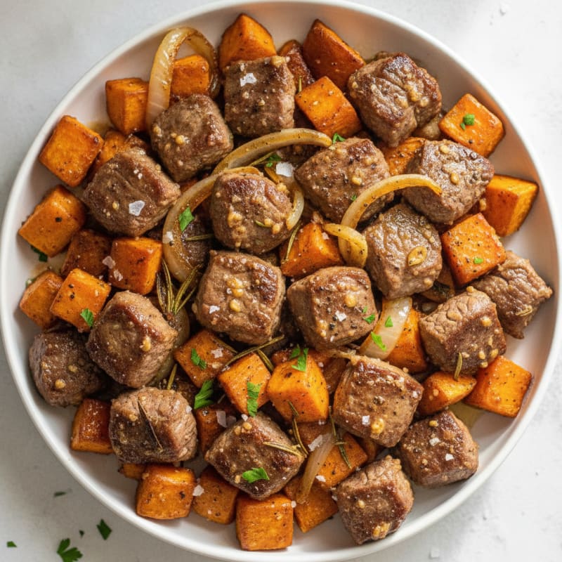 Garlic Steak Bites with Roasted Sweet Potatoes