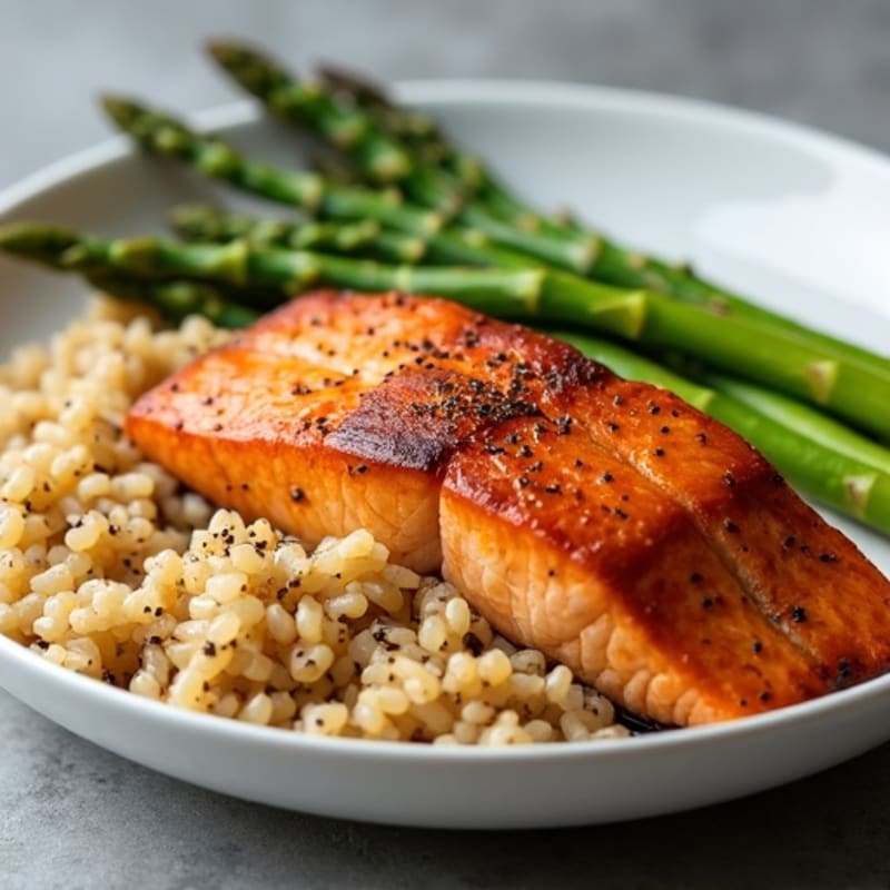 Seared Salmon with Steamed Asparagus and Brown Rice