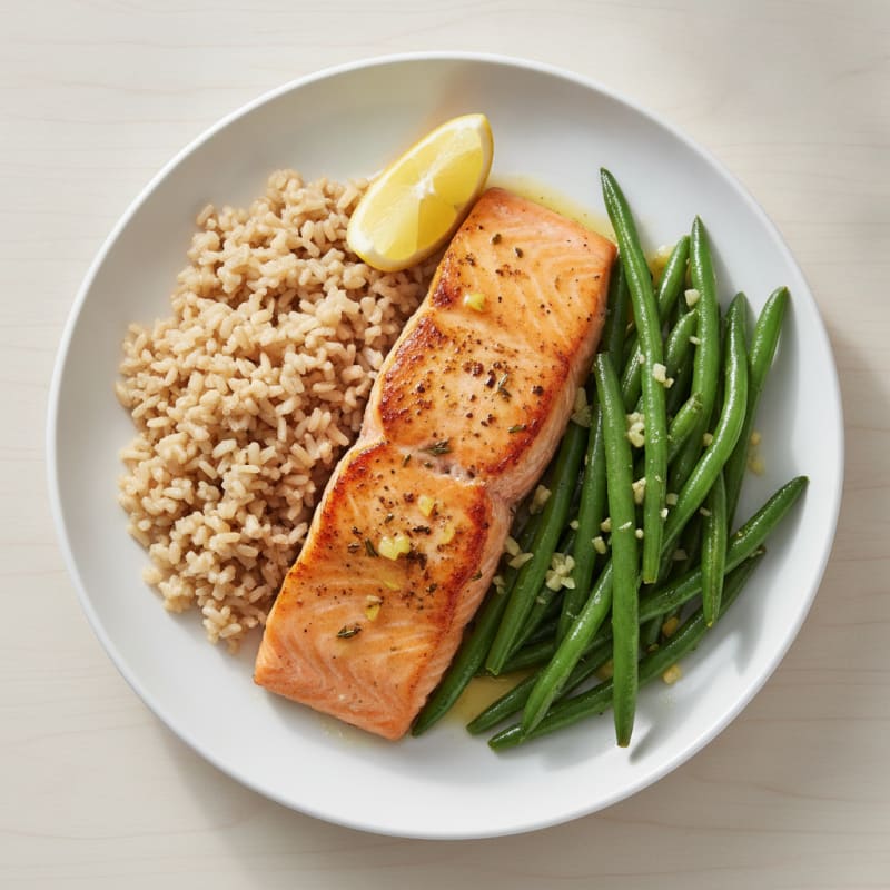 Seared Salmon with Garlic Green Beans and Brown Rice