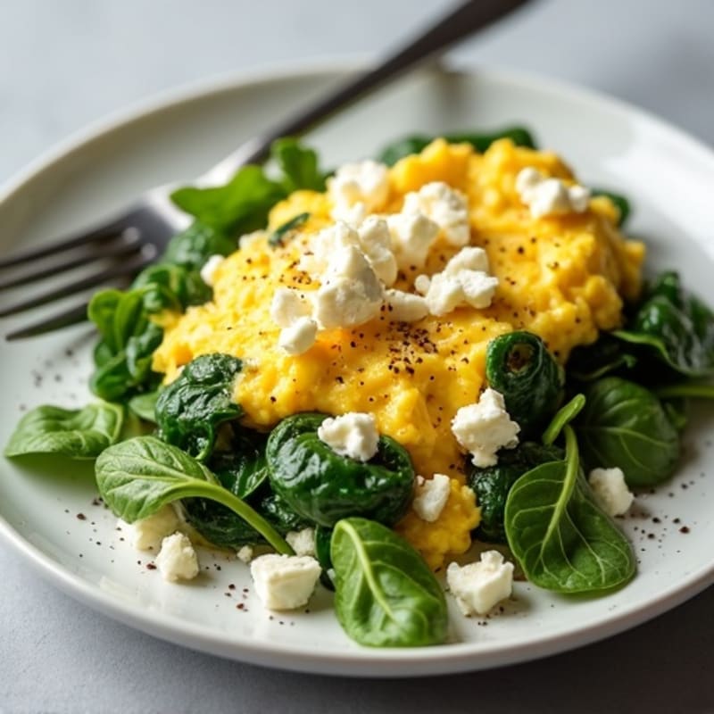 Scrambled Eggs with Fresh Spinach and Crumbled Feta