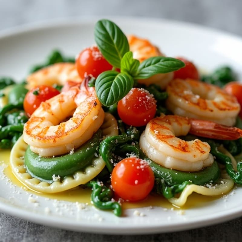 Spinach Ravioli with Roasted Cherry Tomatoes and Fresh Herbs with Grilled Shrimp