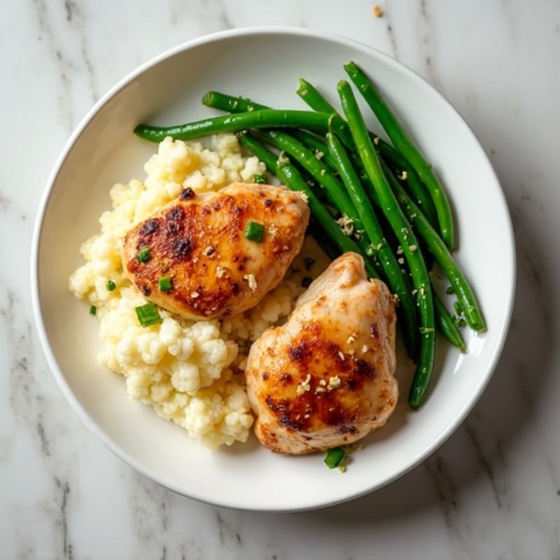 Seared Chicken Thighs with Steamed Green Beans and Mashed Cauliflower