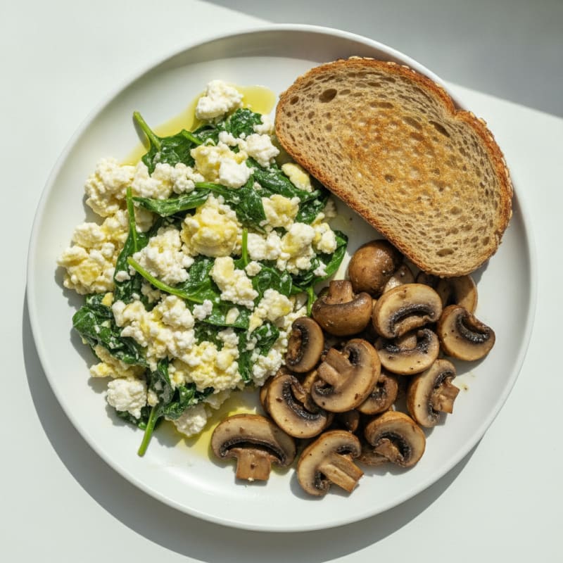 Egg White Spinach Scramble with Cottage Cheese and Sautéed Mushrooms